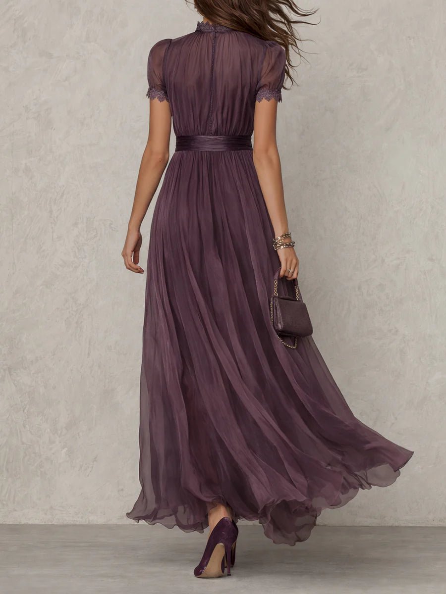 Scarlett | Pleated Chiffon Keyhole High Neck Puff Sleeve Elegant Maxi Dress