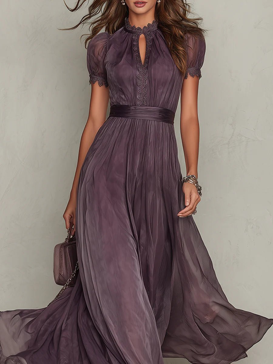 Scarlett | Pleated Chiffon Keyhole High Neck Puff Sleeve Elegant Maxi Dress