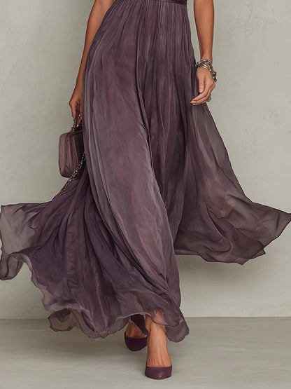 Scarlett | Pleated Chiffon Keyhole High Neck Puff Sleeve Elegant Maxi Dress