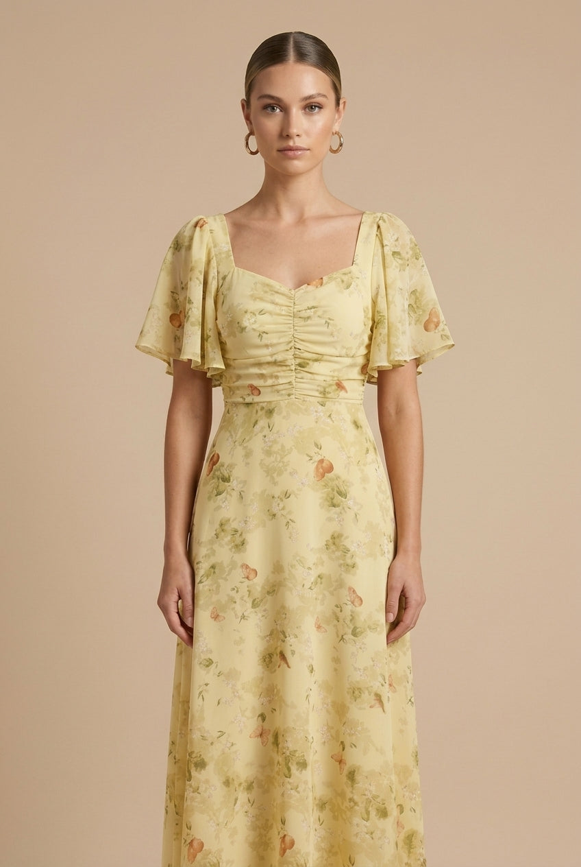 Marigold | Women's Floral Square Neck Flutter Sleeve Maxi Dress