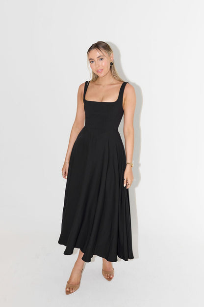 Penelope | Square Neck Sleeveless Pleated A Line Elegant Midi Dress