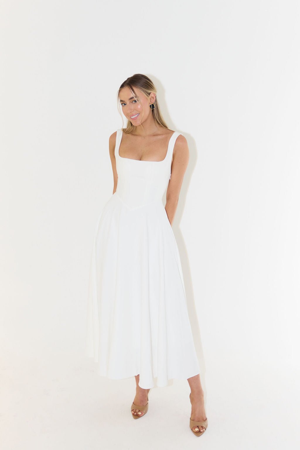 Penelope | Square Neck Sleeveless Pleated A Line Elegant Midi Dress