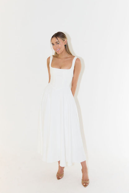 Penelope | Square Neck Sleeveless Pleated A Line Elegant Midi Dress