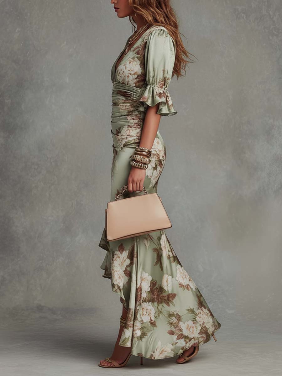 Minerva | Floral Print Deep V Neck Ruched Waist Flare Sleeve Elegant Maxi Dress