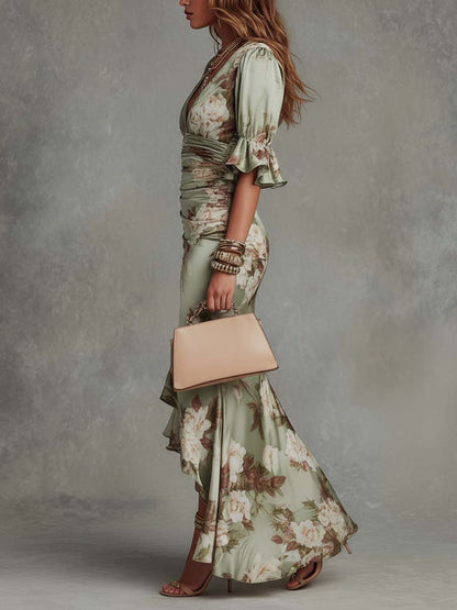 Minerva | Floral Print Deep V Neck Ruched Waist Flare Sleeve Elegant Maxi Dress