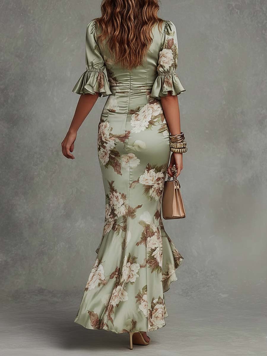 Minerva | Floral Print Deep V Neck Ruched Waist Flare Sleeve Elegant Maxi Dress