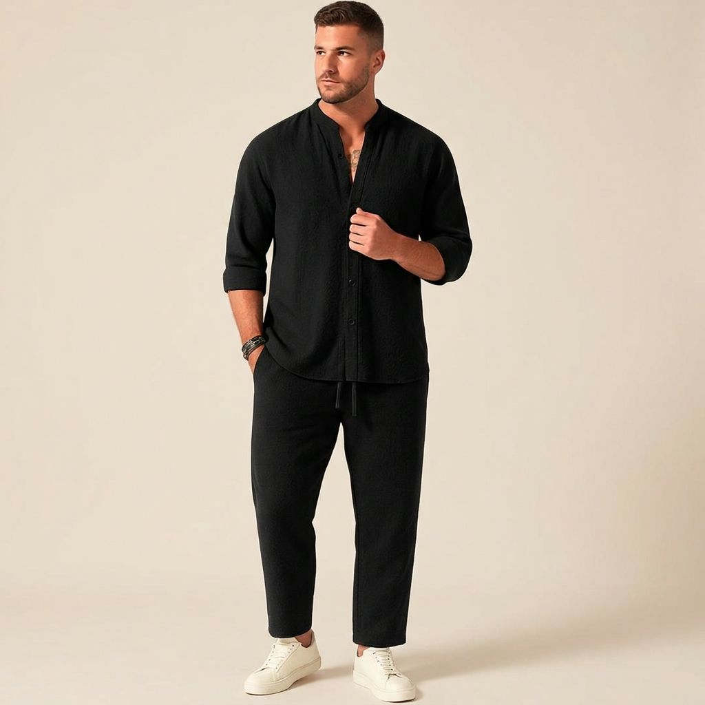 Marco | Band Collar Long Sleeve Shirt Linen Blend Two Piece Set