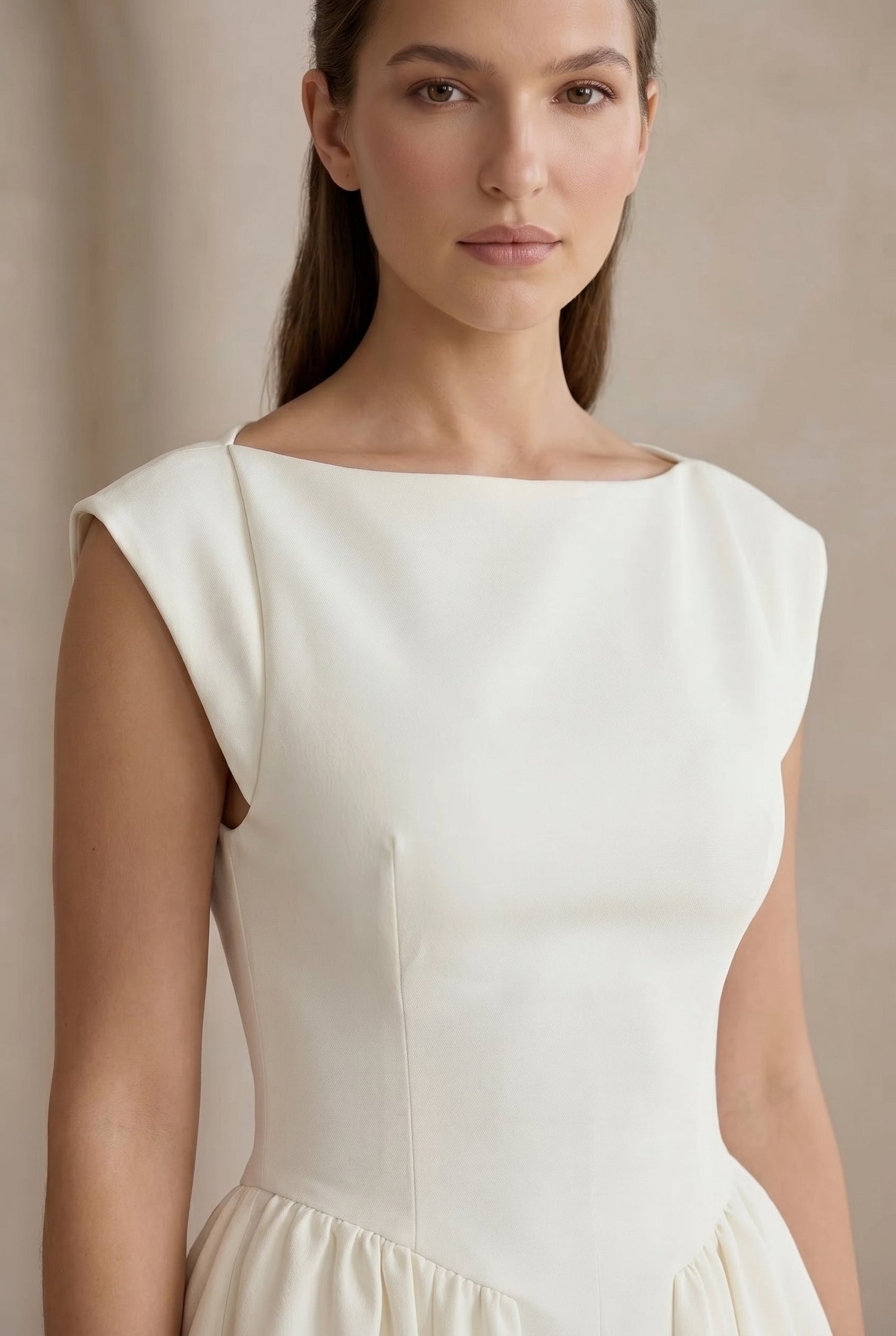 Cirelle | Boat Neck Cap Sleeve Pleated A Line Elegant Midi Dress