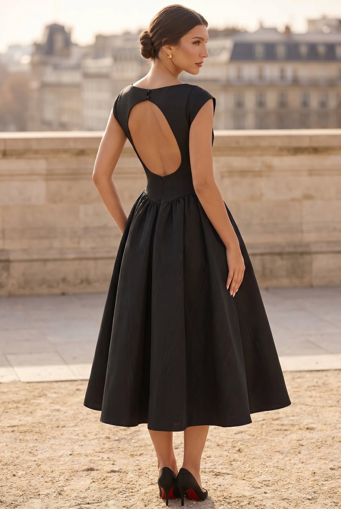 Cirelle | Boat Neck Cap Sleeve Pleated A Line Elegant Midi Dress