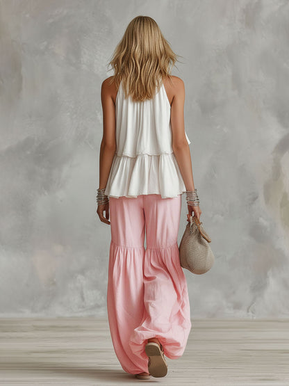Ophira | Halter Neck Tiered Ruffle Top Ruched Wide Leg Two Piece Set