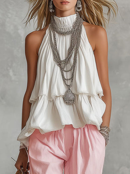 Ophira | Halter Neck Tiered Ruffle Top Ruched Wide Leg Two Piece Set