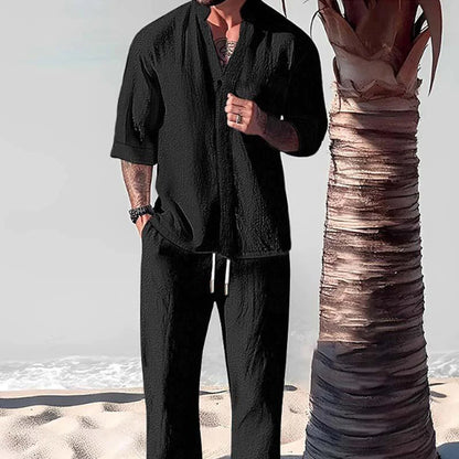 Dorian | V Neck 3/4 Sleeve Drawstring Pants Linen Blend Two Piece Set