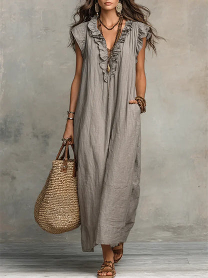 Priscilla | Ruffle V Neck Sleeveless Linen Blend Casual Maxi Dress