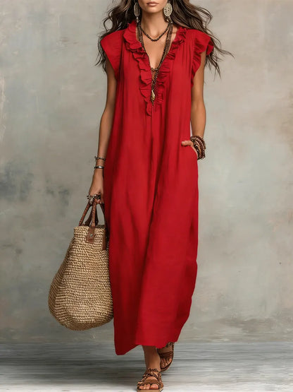 Priscilla | Ruffle V Neck Sleeveless Linen Blend Casual Maxi Dress