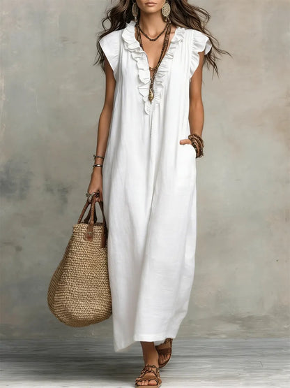 Priscilla | Ruffle V Neck Sleeveless Linen Blend Casual Maxi Dress