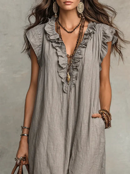 Priscilla | Ruffle V Neck Sleeveless Linen Blend Casual Maxi Dress