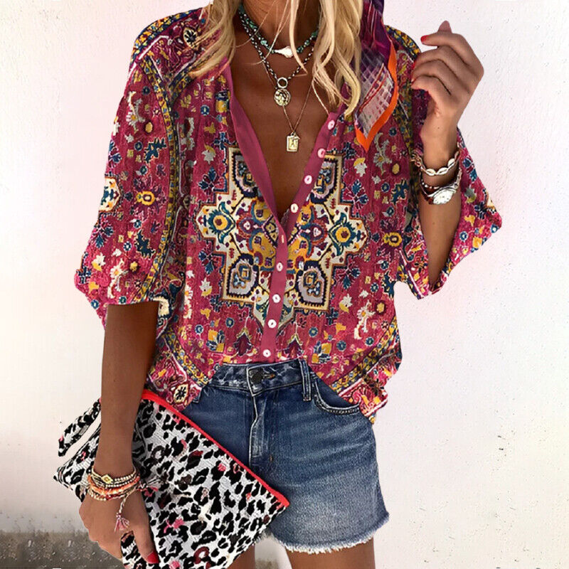 Isla | V Neck Boho Floral Print Long Sleeve Button Down Blouse