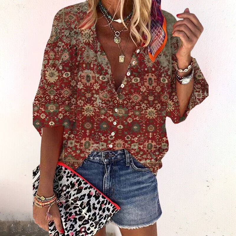 Isla | V Neck Boho Floral Print Long Sleeve Button Down Blouse