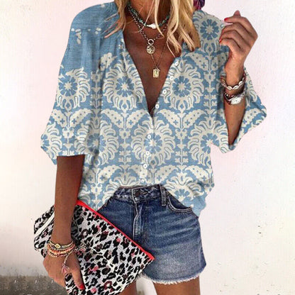 Isla | V Neck Boho Floral Print Long Sleeve Button Down Blouse