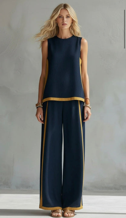 Seraphine | Contrast Trim Sleeveless Top Wide Leg Linen Blend Two Piece Set