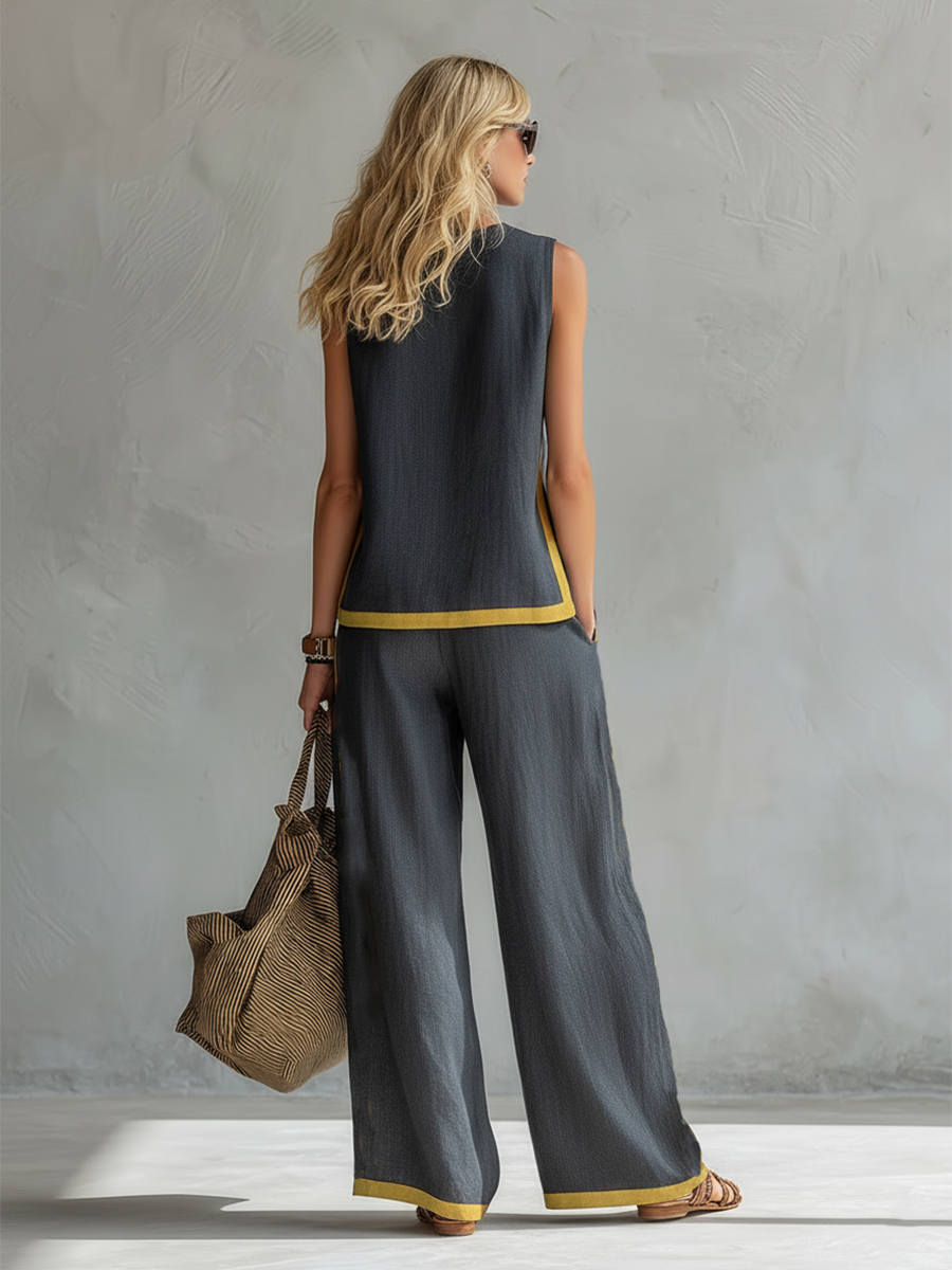 Seraphine | Contrast Trim Sleeveless Top Wide Leg Linen Blend Two Piece Set