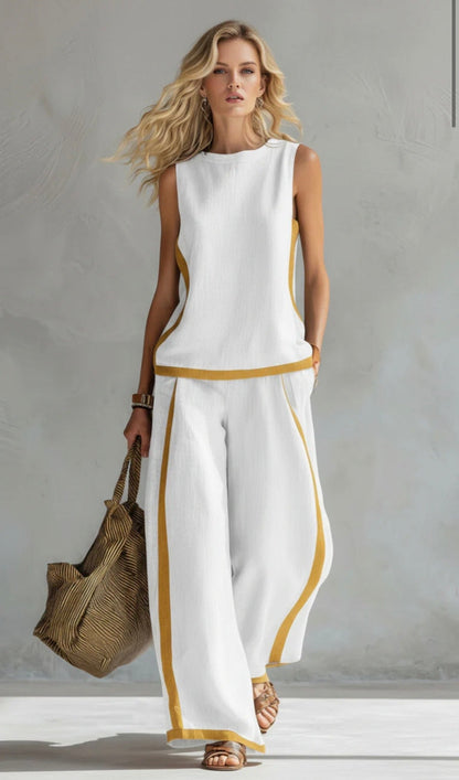 Seraphine | Contrast Trim Sleeveless Top Wide Leg Linen Blend Two Piece Set