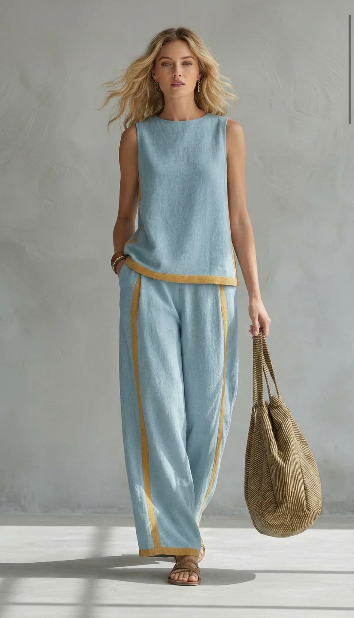 Seraphine | Contrast Trim Sleeveless Top Wide Leg Linen Blend Two Piece Set