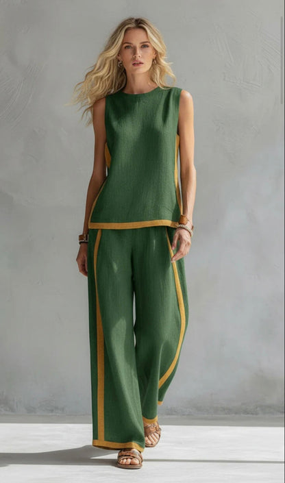 Seraphine | Contrast Trim Sleeveless Top Wide Leg Linen Blend Two Piece Set