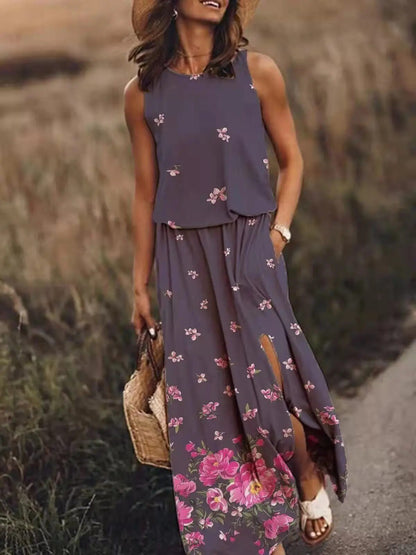 Layla | Tropical Floral Sleeveless Elastic Waist Boho Maxi Dress