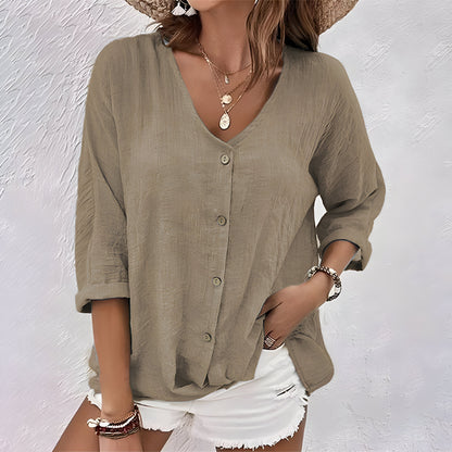 Marcia | V Neck Button Down 3/4 Sleeve Casual Blouse