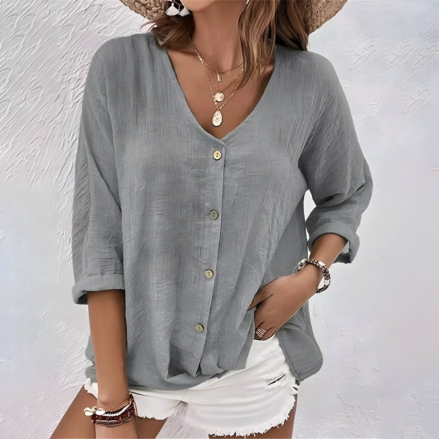 Marcia | V Neck Button Down 3/4 Sleeve Casual Blouse
