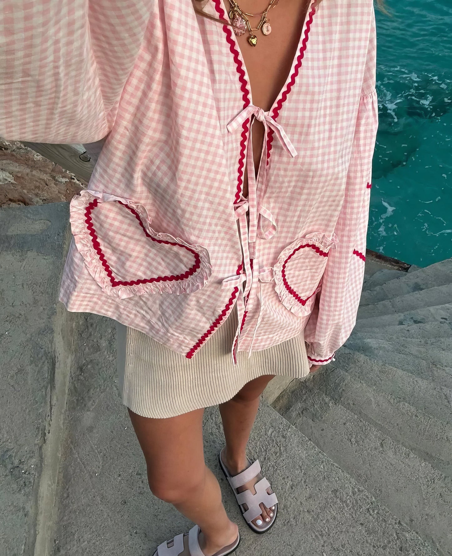 Susan | Puff Sleeve Gingham Ruffle Trim Tie Front Casual Blouse