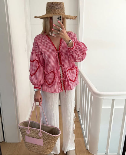 Susan | Puff Sleeve Gingham Ruffle Trim Tie Front Casual Blouse