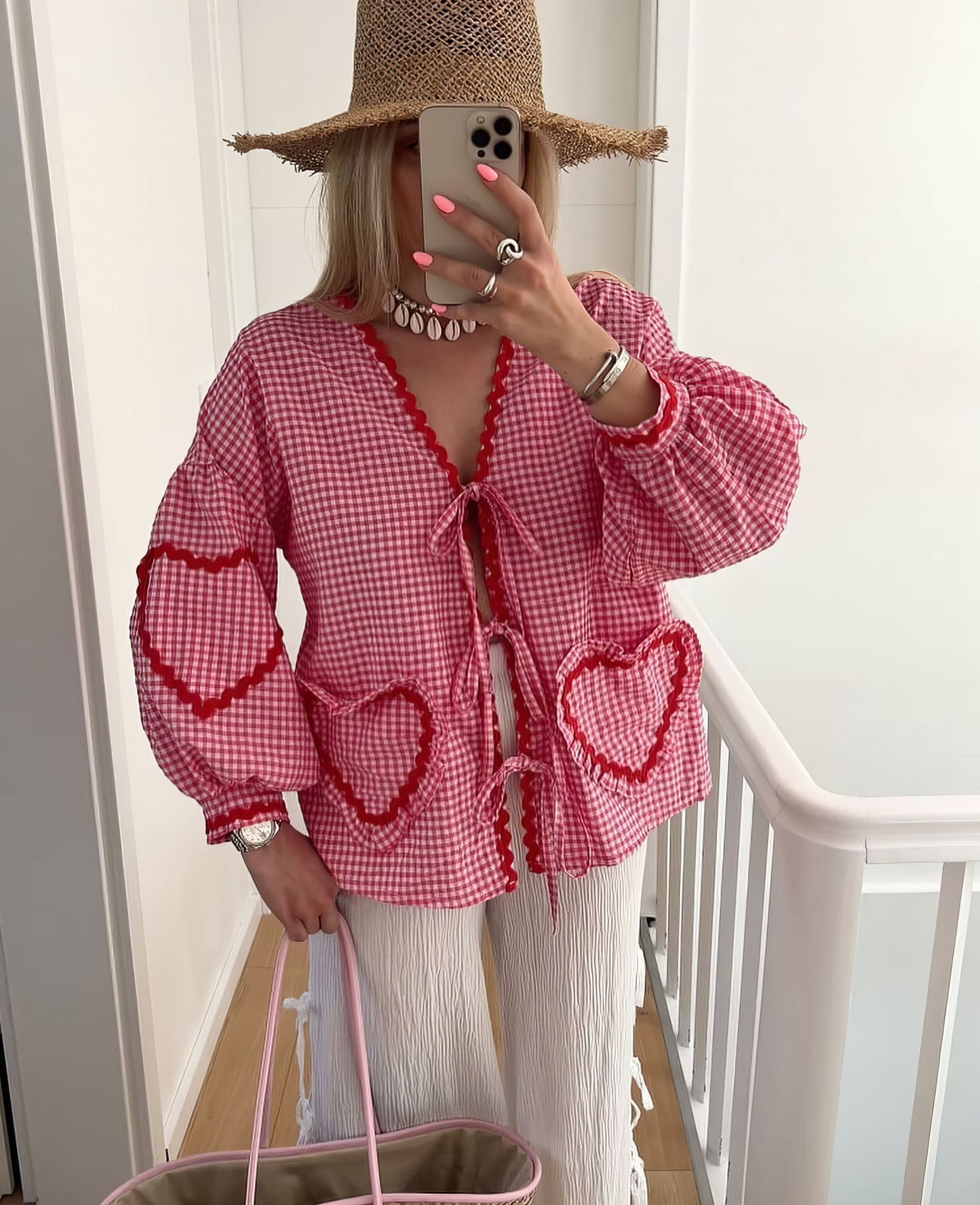 Susan | Puff Sleeve Gingham Ruffle Trim Tie Front Casual Blouse
