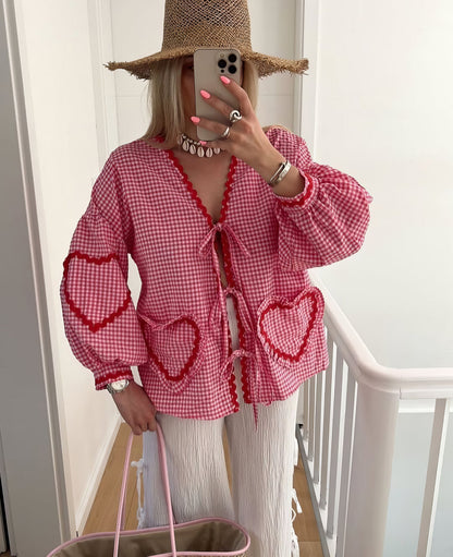 Susan | Puff Sleeve Gingham Ruffle Trim Tie Front Casual Blouse