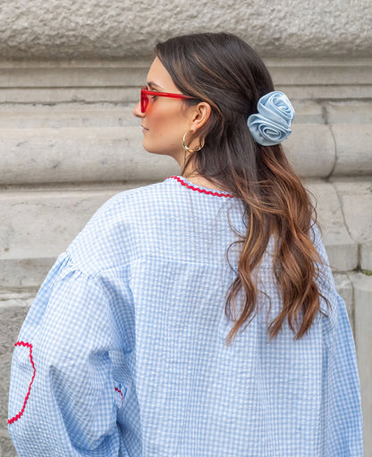Susan | Puff Sleeve Gingham Ruffle Trim Tie Front Casual Blouse