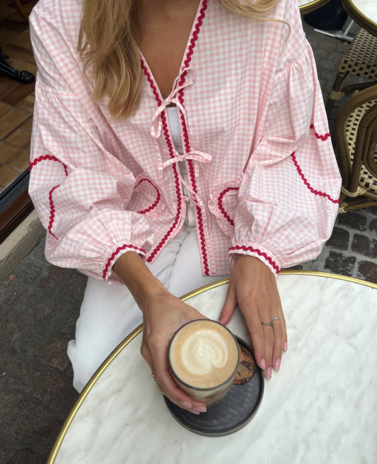 Susan | Puff Sleeve Gingham Ruffle Trim Tie Front Casual Blouse