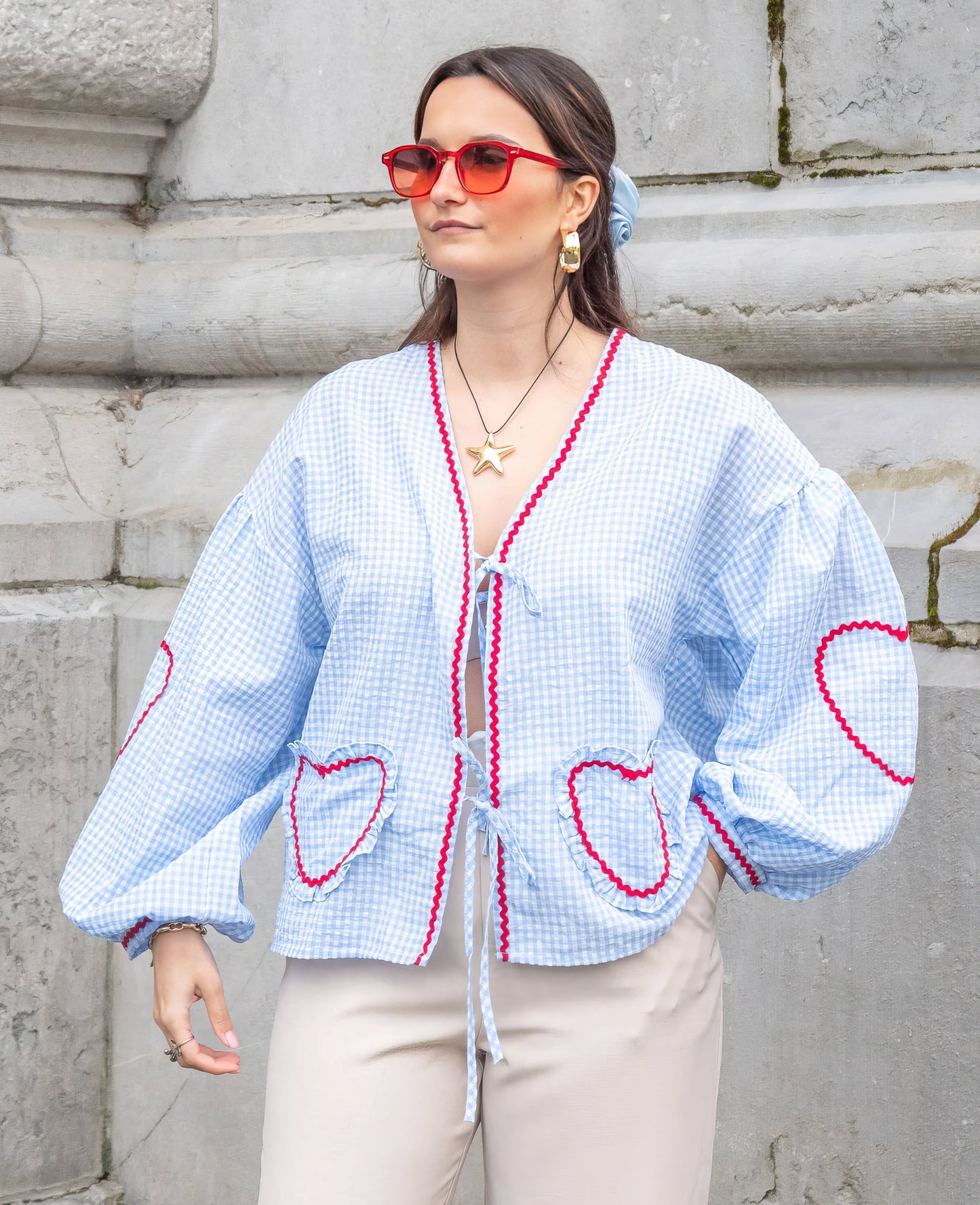 Susan | Puff Sleeve Gingham Ruffle Trim Tie Front Casual Blouse
