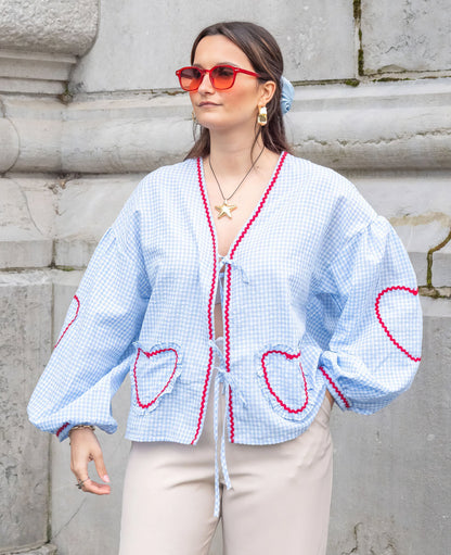 Susan | Puff Sleeve Gingham Ruffle Trim Tie Front Casual Blouse