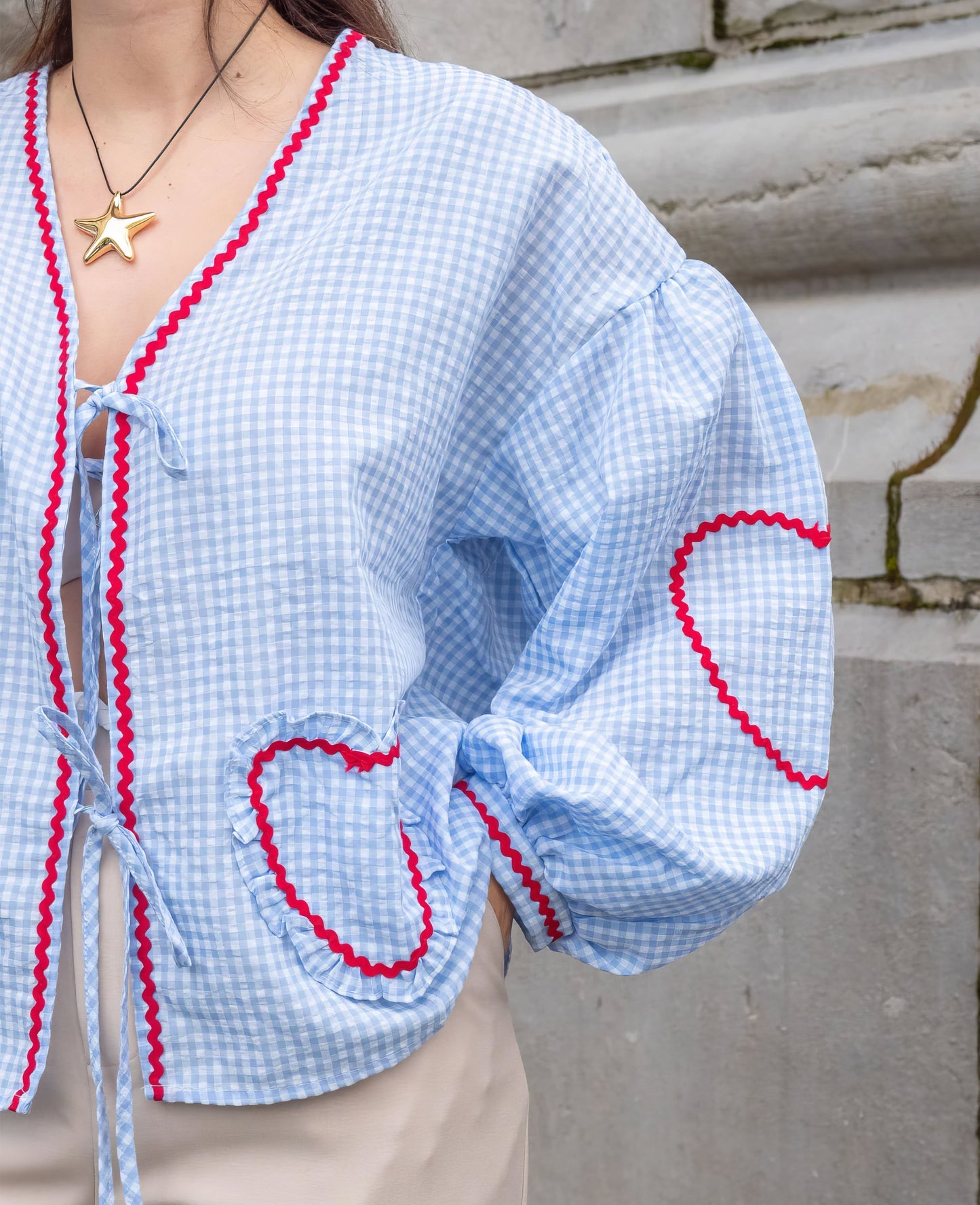 Susan | Puff Sleeve Gingham Ruffle Trim Tie Front Casual Blouse