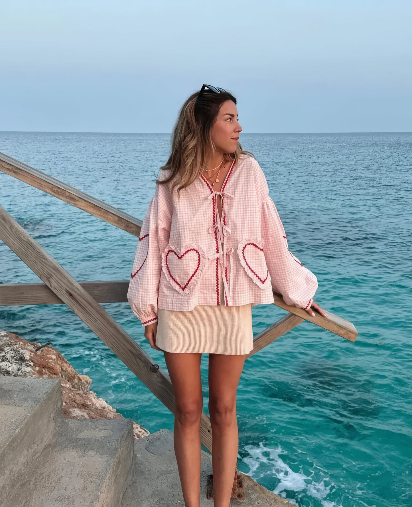 Susan | Puff Sleeve Gingham Ruffle Trim Tie Front Casual Blouse