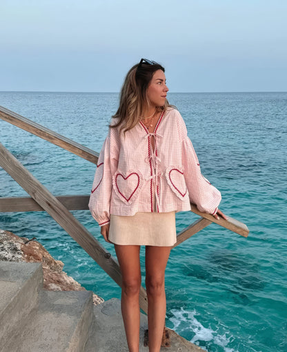Susan | Puff Sleeve Gingham Ruffle Trim Tie Front Casual Blouse