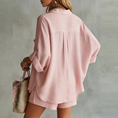 Camila | Linen Blend Oversized Shirt Elastic Waist Shorts Two Piece Set