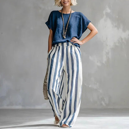 Camille | Linen Blend Short Sleeve Top Striped Wide Leg Pants Two Piece Set