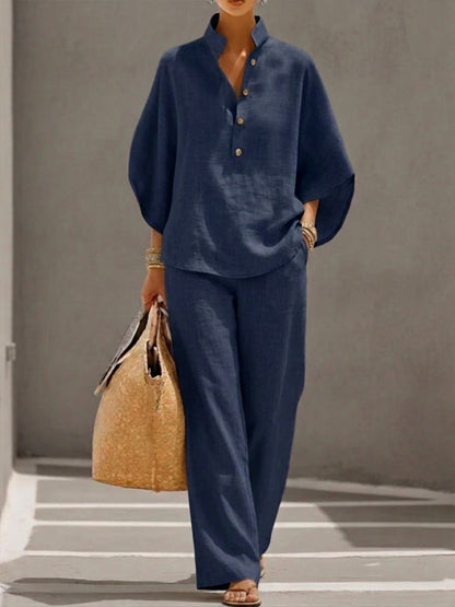 Madison | Linen Blend Batwing Sleeve Wide Leg Two Piece Set