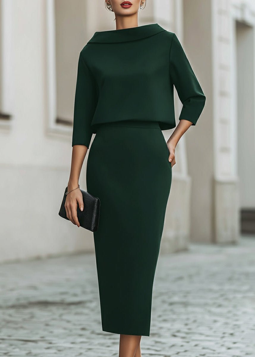 Evelyn | Elegant Boat Neck 3/4 Sleeve Bodycon Midi Two Piece Set