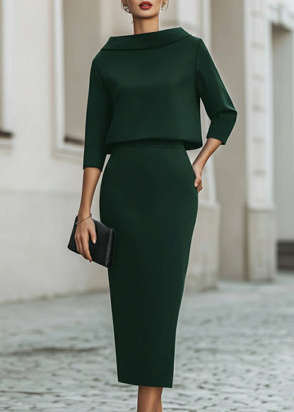 Evelyn | Elegant Boat Neck 3/4 Sleeve Bodycon Midi Two Piece Set