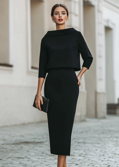 Evelyn | Elegant Boat Neck 3/4 Sleeve Bodycon Midi Two Piece Set