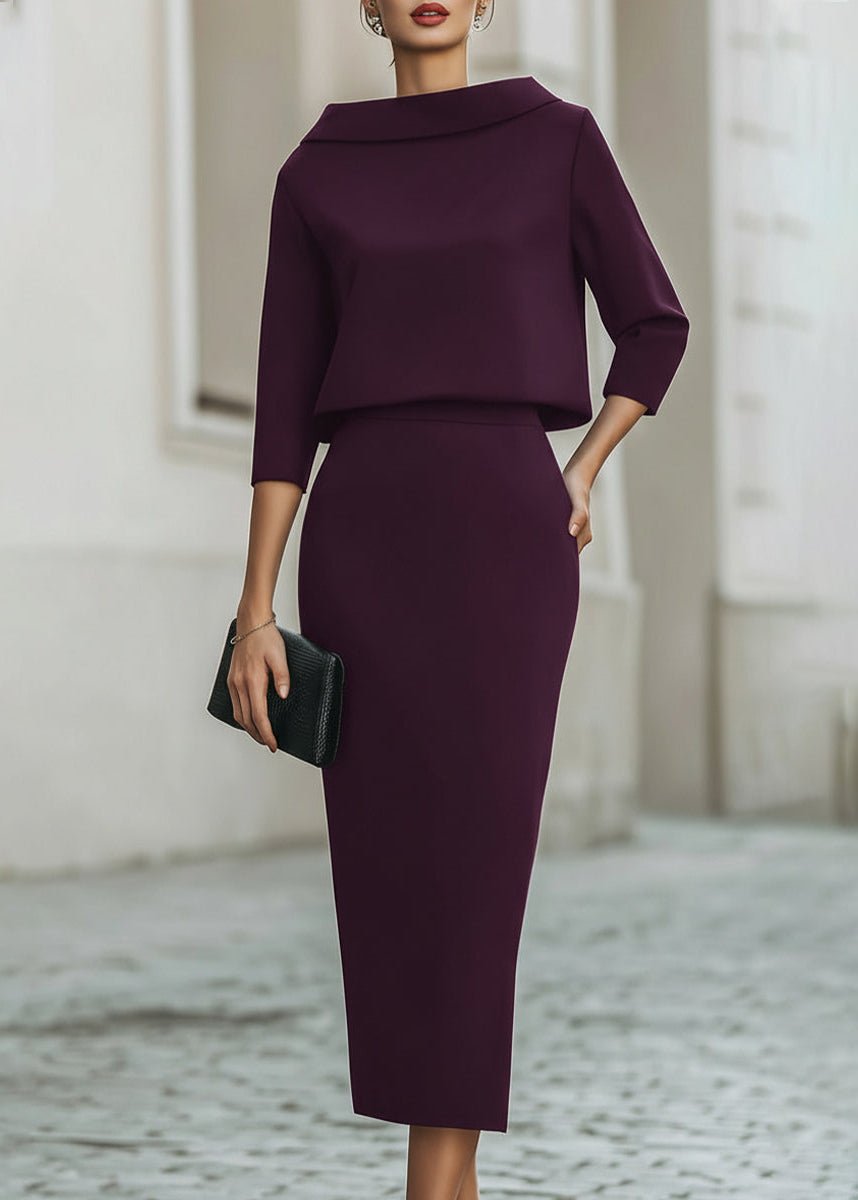 Evelyn | Elegant Boat Neck 3/4 Sleeve Bodycon Midi Two Piece Set