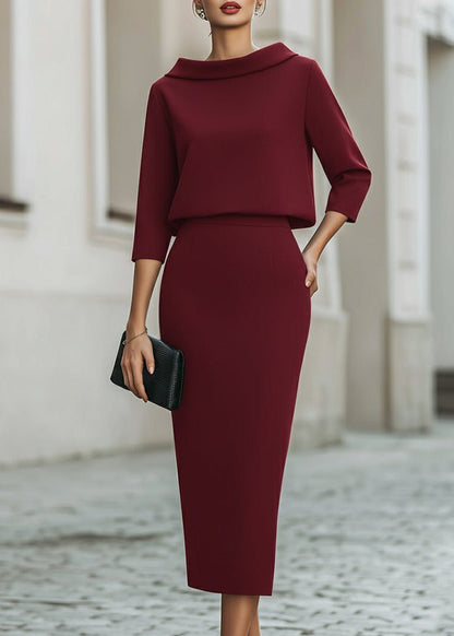 Evelyn | Elegant Boat Neck 3/4 Sleeve Bodycon Midi Two Piece Set